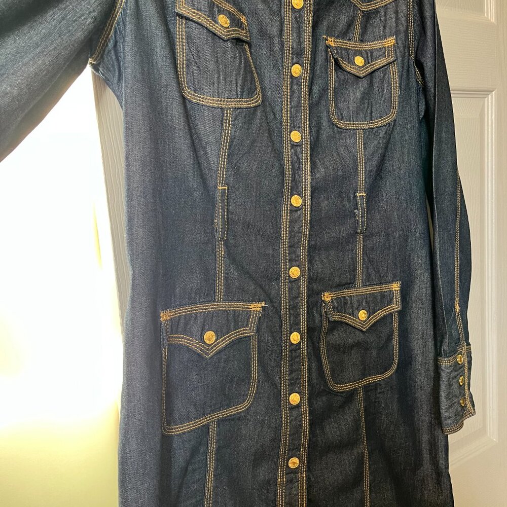 Baby Phat Womens Denim Gold Trim Snap Front Long Sleeve Short Y2K Dress Size XL